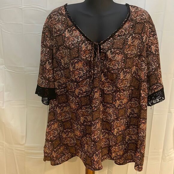 Size 26/28 Venezia Jeans short ruffle sleeve v-neck floral print brown tunic top - Picture 1 of 16